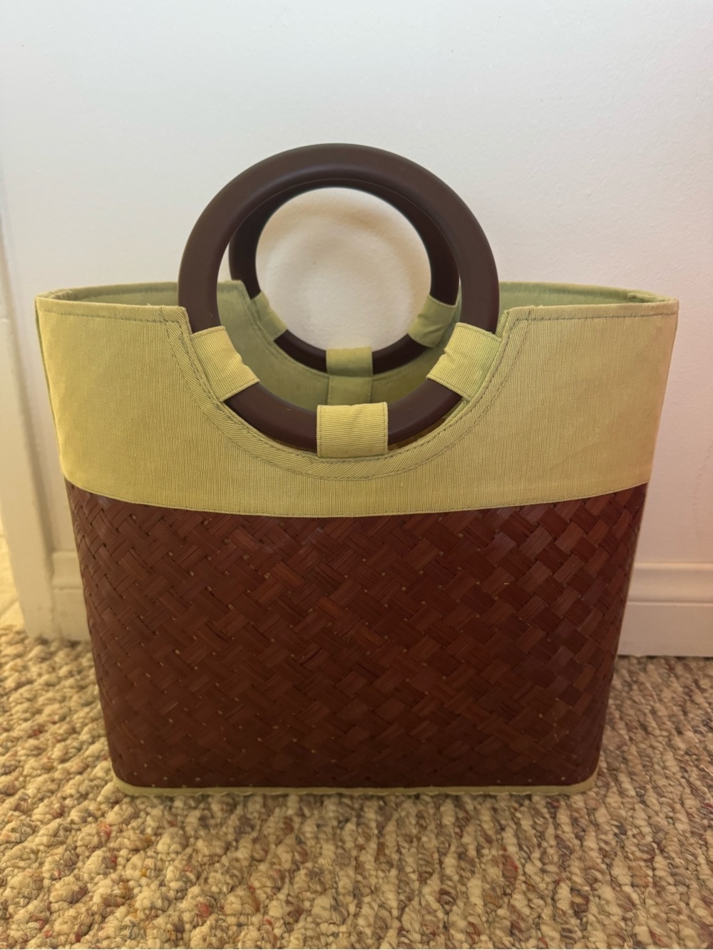 Vintage TICO artisanal woven fiber summer tote.  Green & brown. EUC.